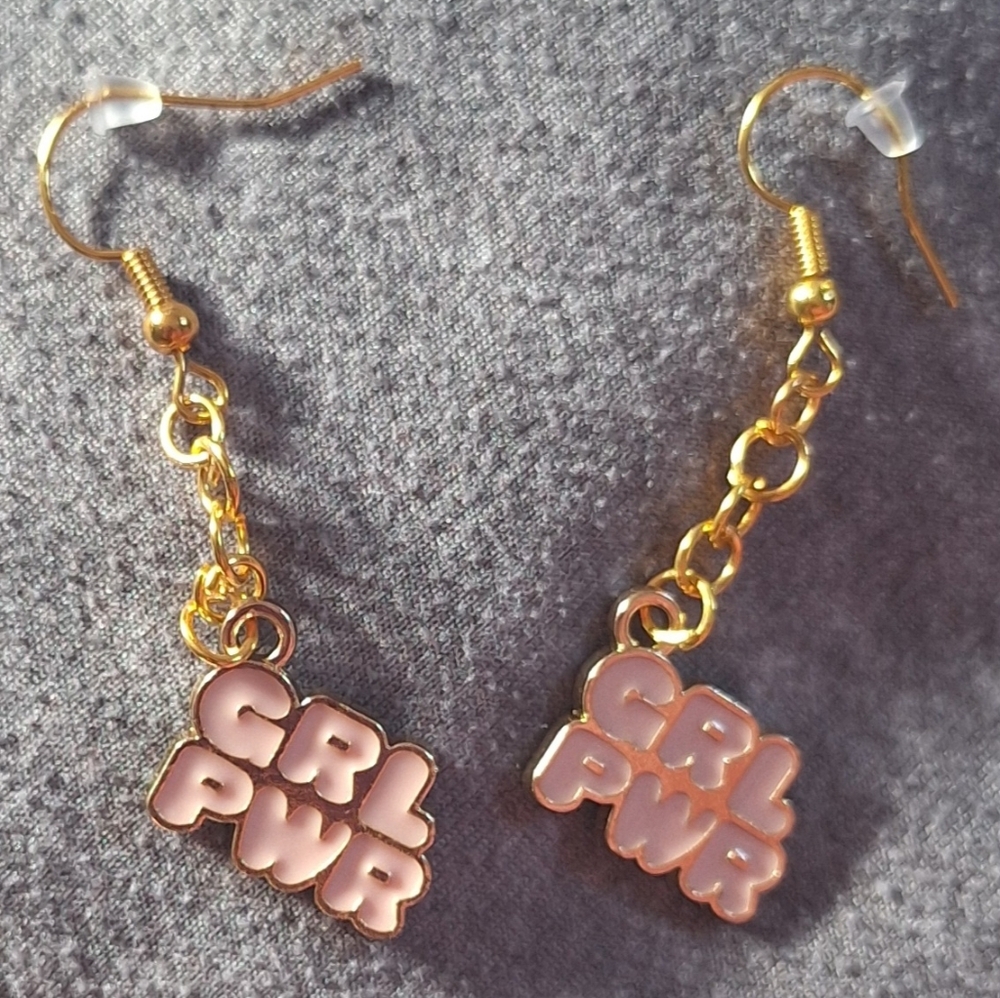 Gold Pink 'GRL PWR' Dangle Earrings